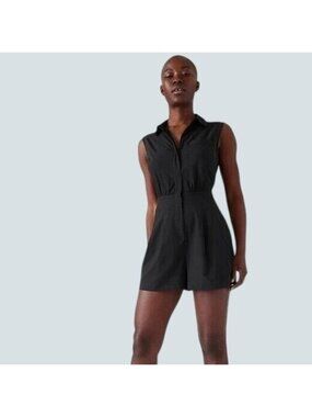 Athleta Sleeveless Collared Black Romper With Front Zipper & Pockets Size O